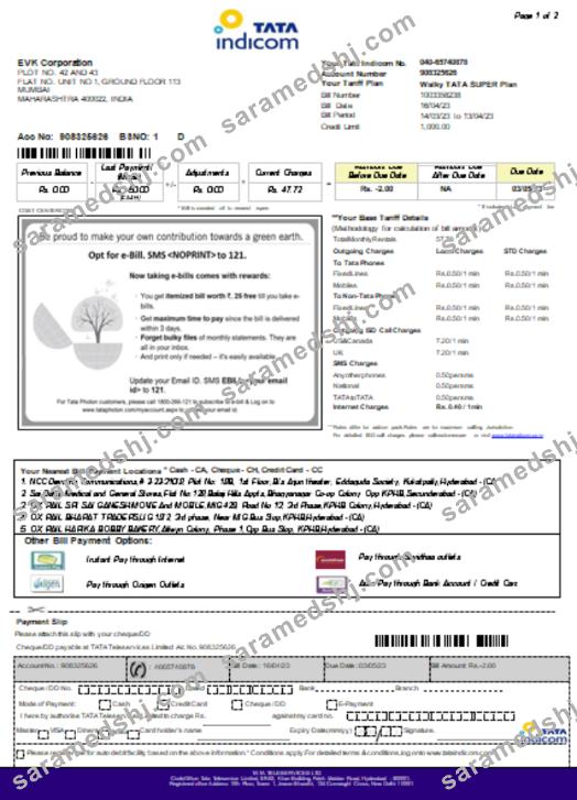 Tata Indicom mobile utility business bill, page 1, SCR